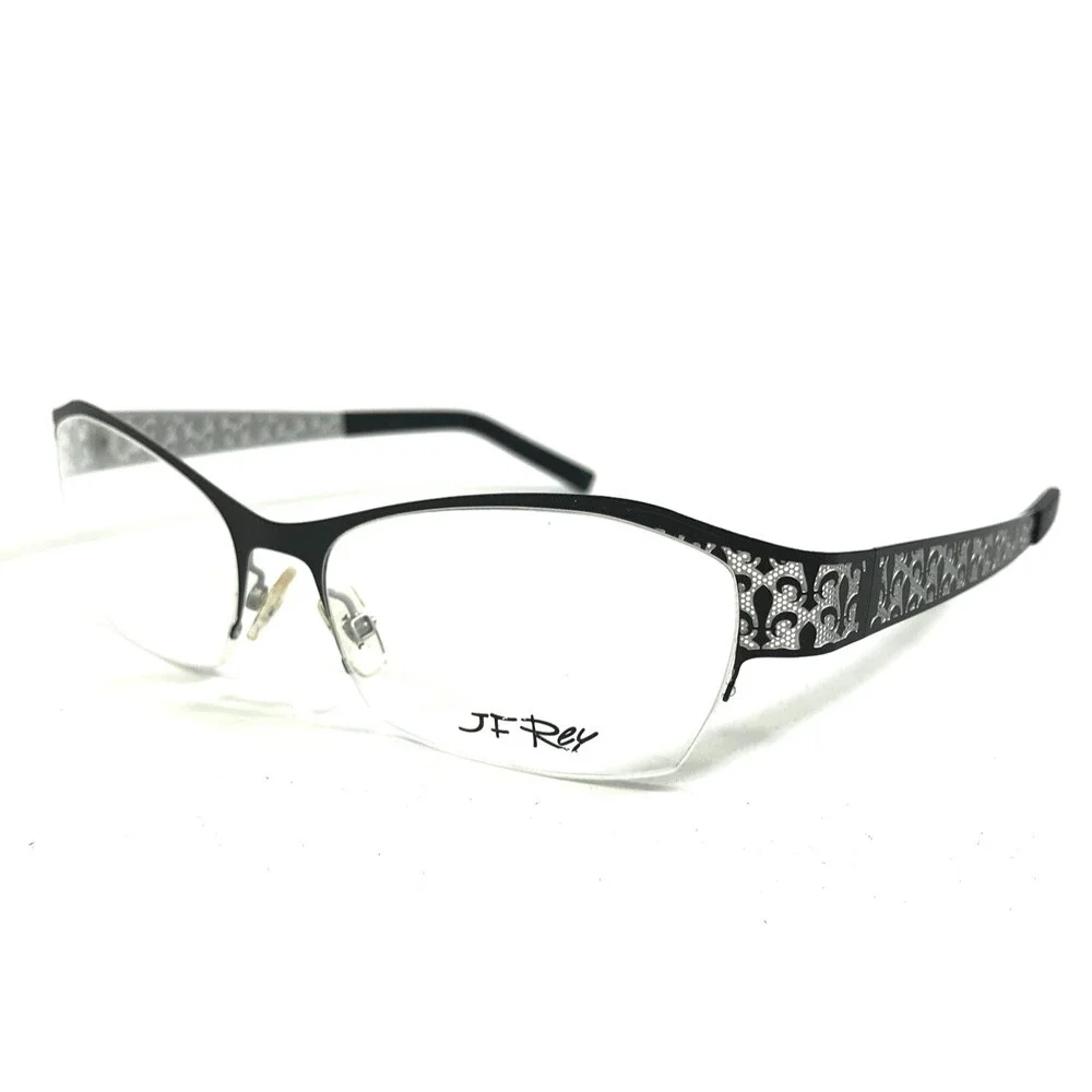 J.F. Rey Eyeglasses Frames JF2558 0010 Black Silver Fleur De Lis 52-16-132